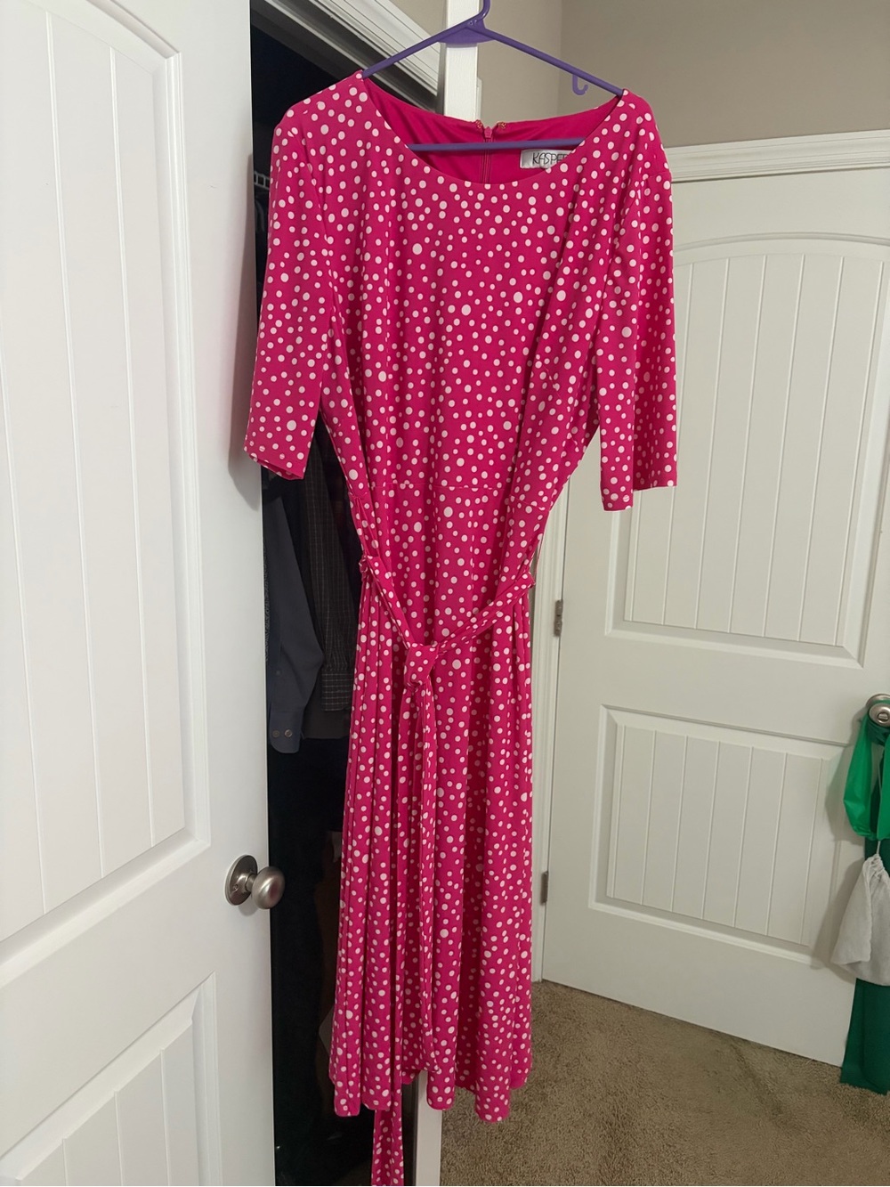 Kasper Hot Pink Polka Dot Midi Dress with Tie Waist